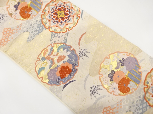 雪輪に花鳥・華紋織り出し　袋帯